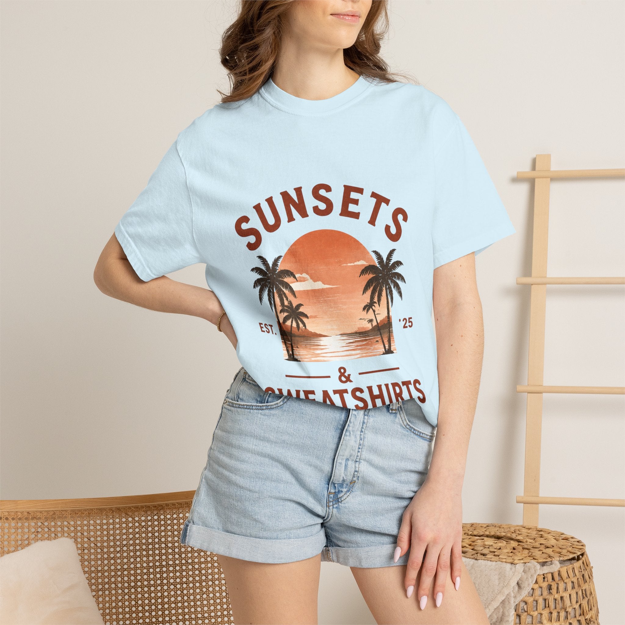 Sunsets & Sweatshirts T-Shirt | Retro Palm Tree Sunset Tee