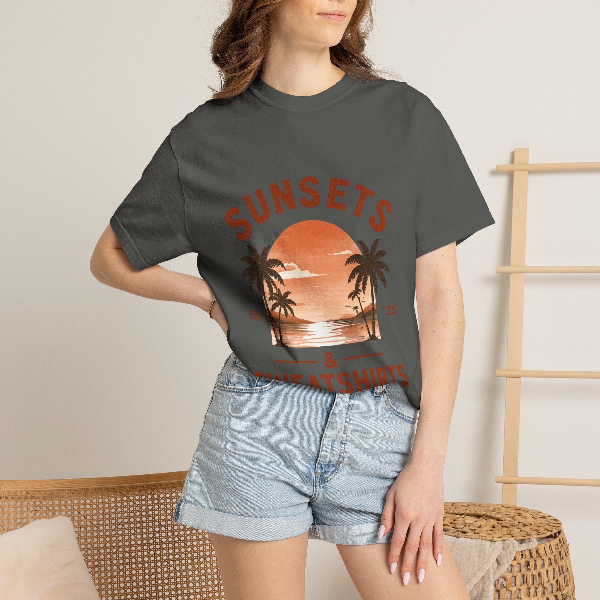 Sunsets & Sweatshirts T-Shirt | Retro Palm Tree Sunset Tee