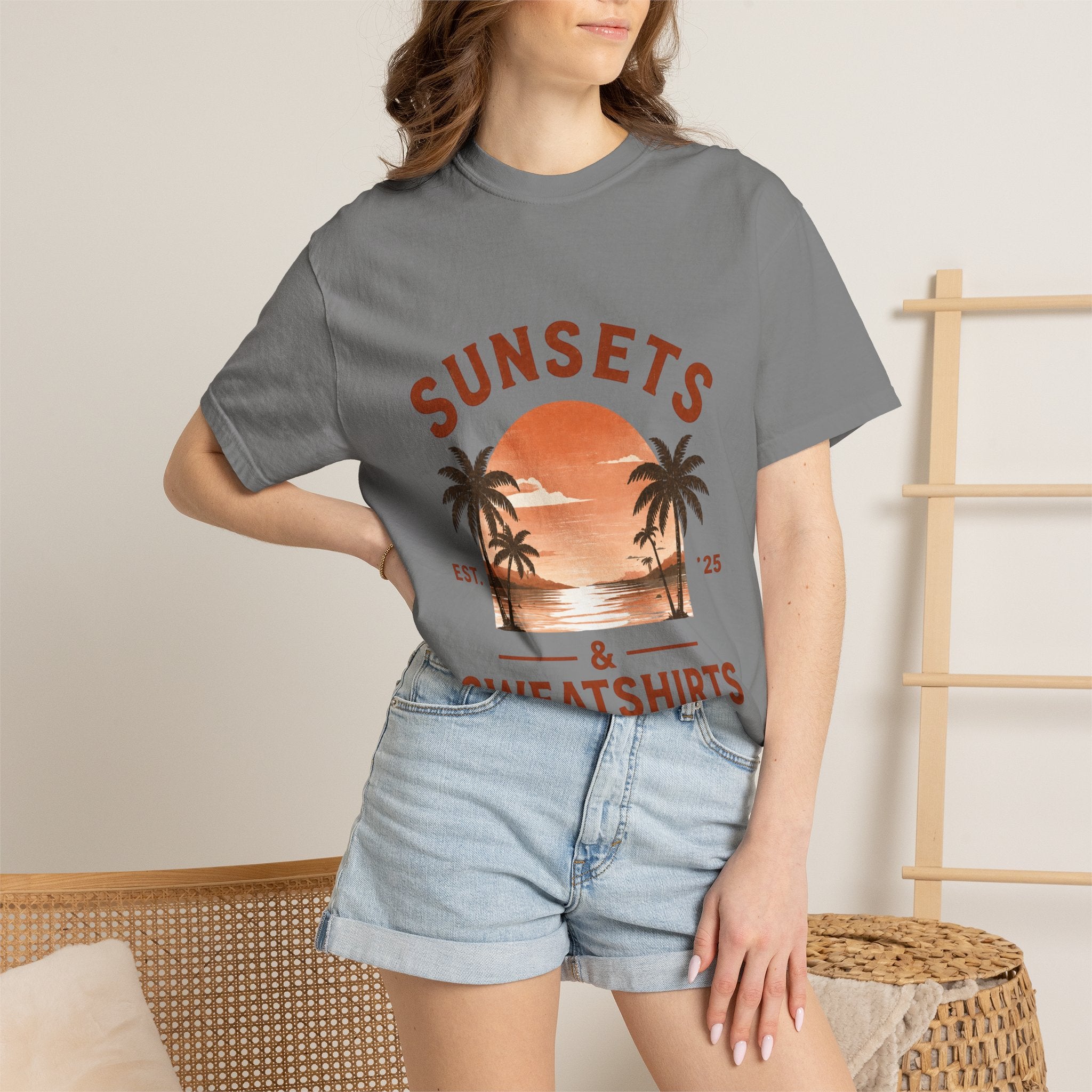 Sunsets & Sweatshirts T-Shirt | Retro Palm Tree Sunset Tee