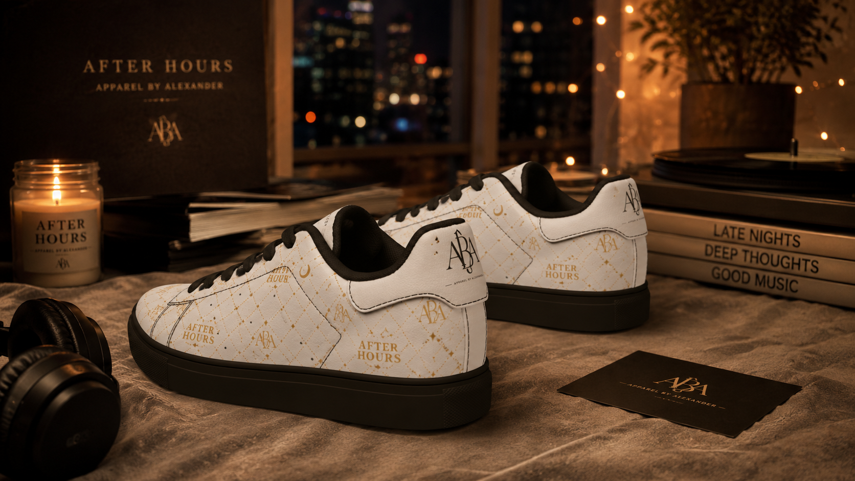 Apparel By Alexander - "After Hours" - White Quilted Gold Monogram - Low Top Leather Sneakers