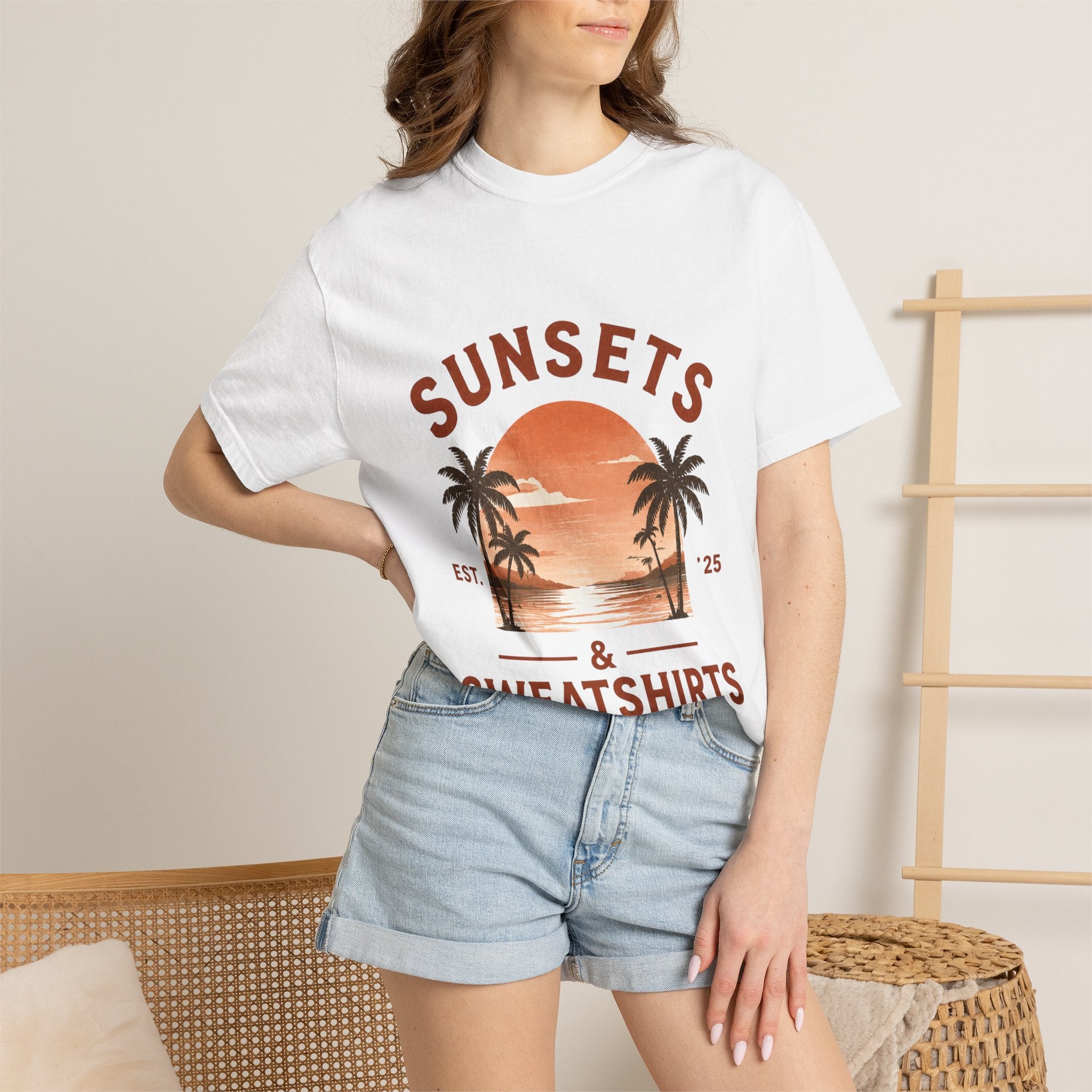 Sunsets & Sweatshirts T-Shirt | Retro Palm Tree Sunset Tee