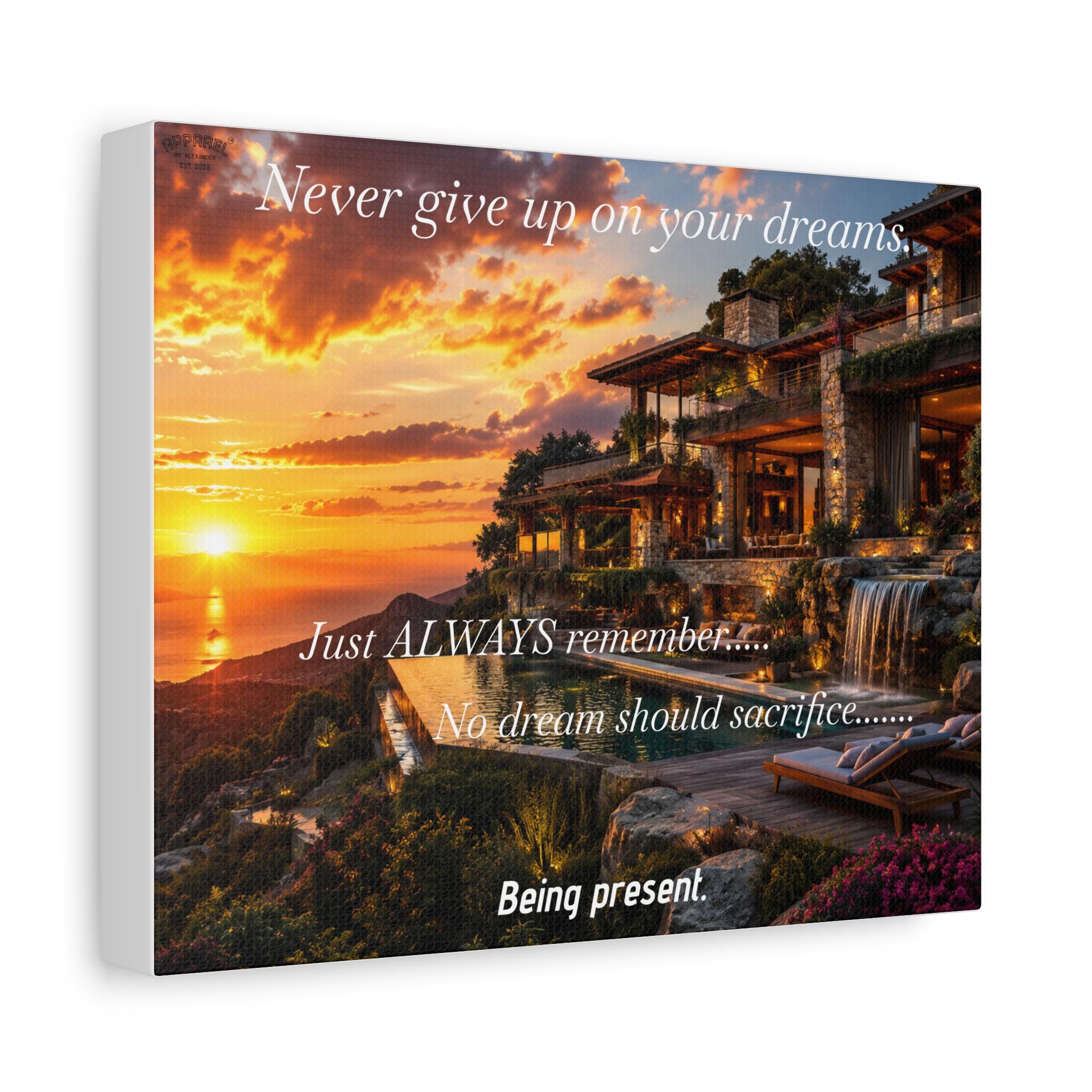 Never Give Up On Your Dreams canvas | Inspirational sunset seaside villa wall art