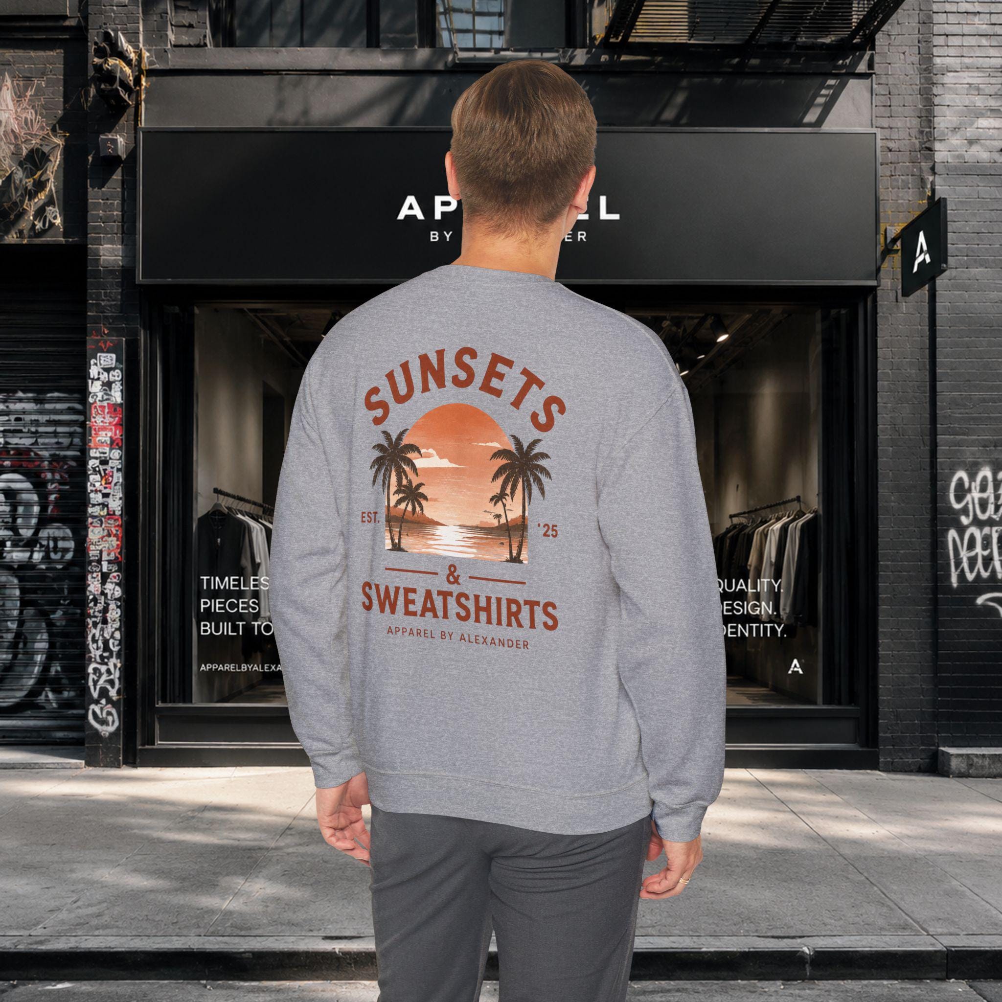 Sunsets & Sweatshirts Crewneck Sweatshirt | Palm Tree Sunset Graphic