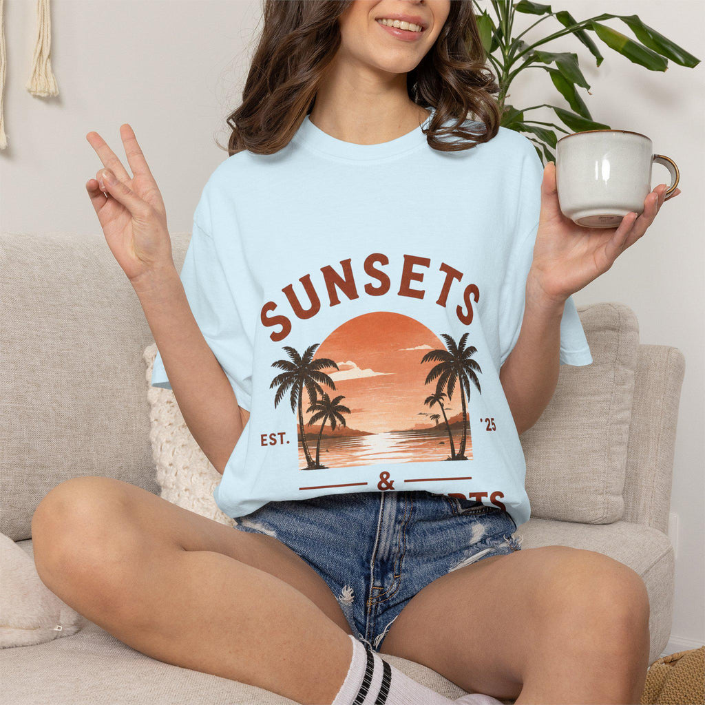 Sunsets & Sweatshirts T-Shirt | Retro Palm Tree Sunset Tee