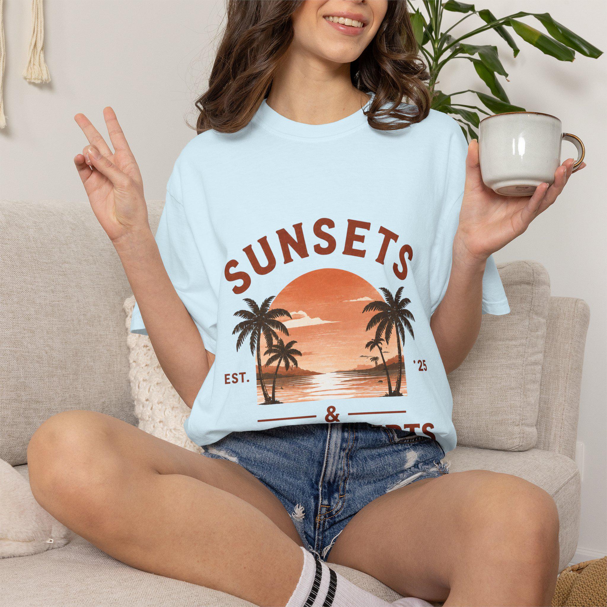 Sunsets & Sweatshirts T-Shirt | Retro Palm Tree Sunset Tee