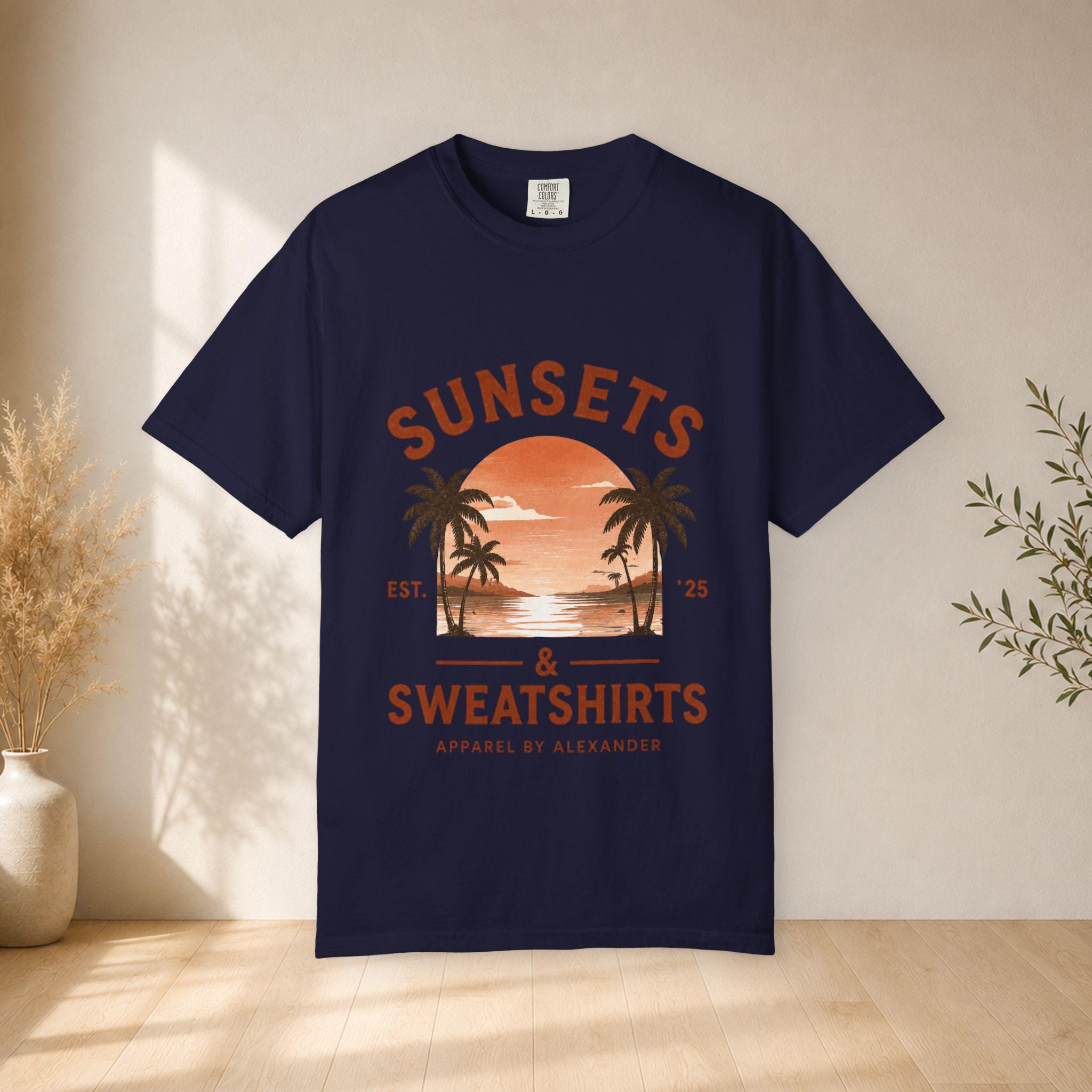 Sunsets & Sweatshirts T-Shirt | Retro Palm Tree Sunset Tee
